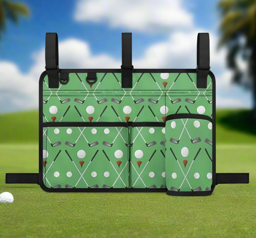 Golf cart organizer with golf pattern on a green background
