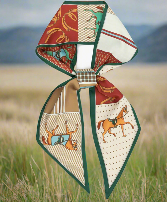 Decorative scarf with horse pattern on a grassy background