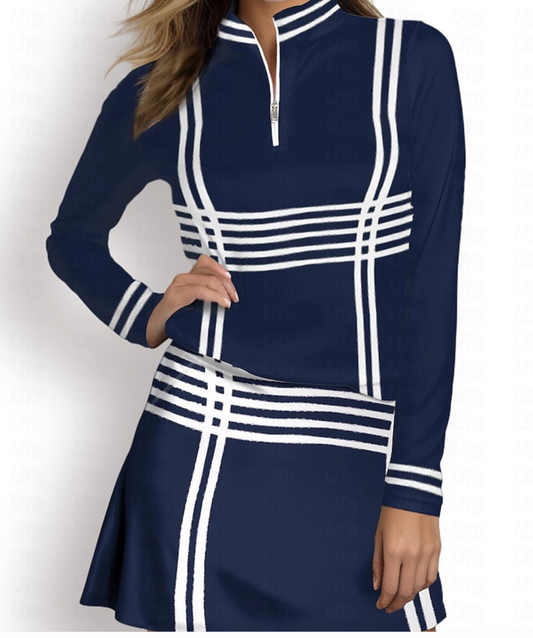 Navy blue skirt and top with white stripes on a white background