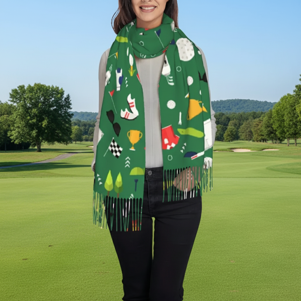 Person wearing a green scarf with colorful patterns on a white background