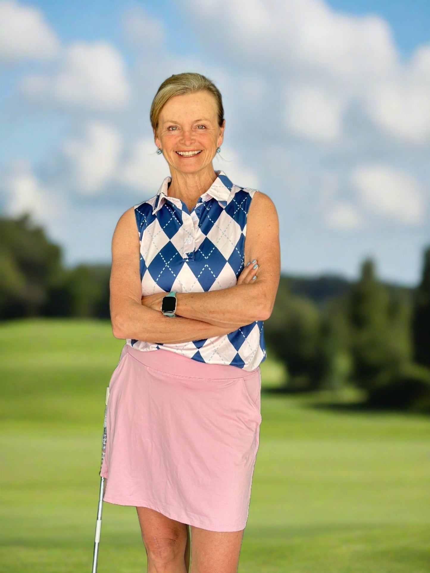 Blue and Pink Argyle Sleeveless Polo - Putter Girl