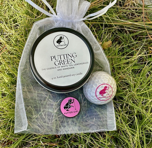 Golf Candle, Golf Ball Shaped Lip Balm, and Ball Marker Gift Set - Putter Girl