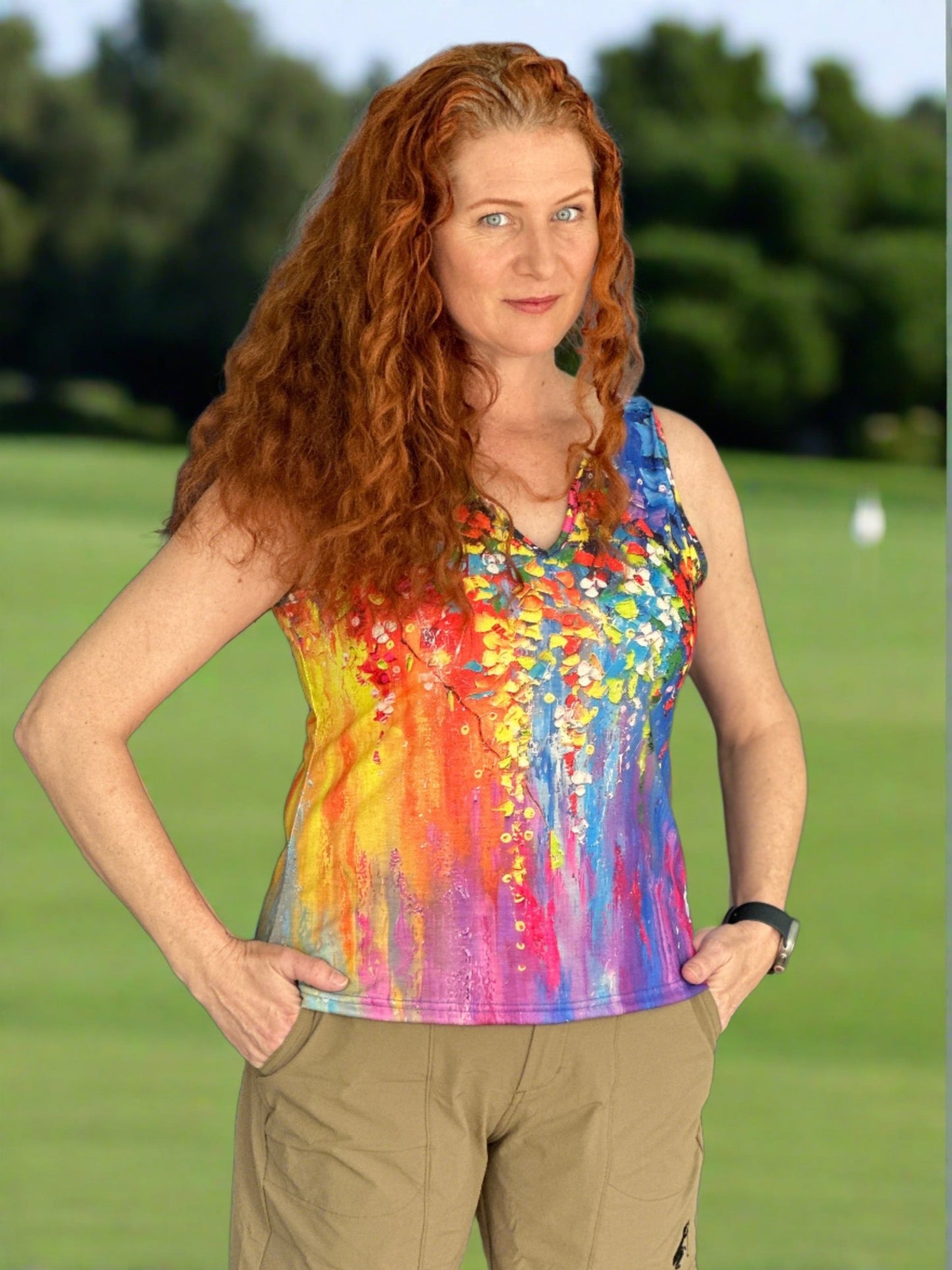 Rainbow Flower V - Neck Sleeveless Tee - Putter Girl